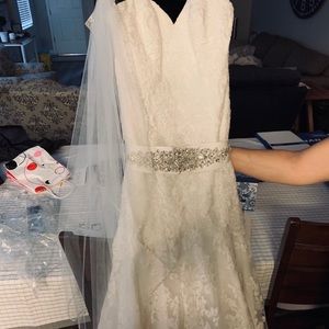 Never worn wedding dress with belt an veil